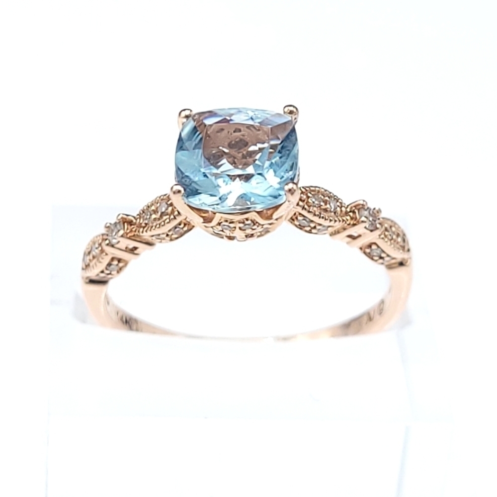 14k Rose Gold Cushion-Cut Aquamarine and Diamond Engagement ring